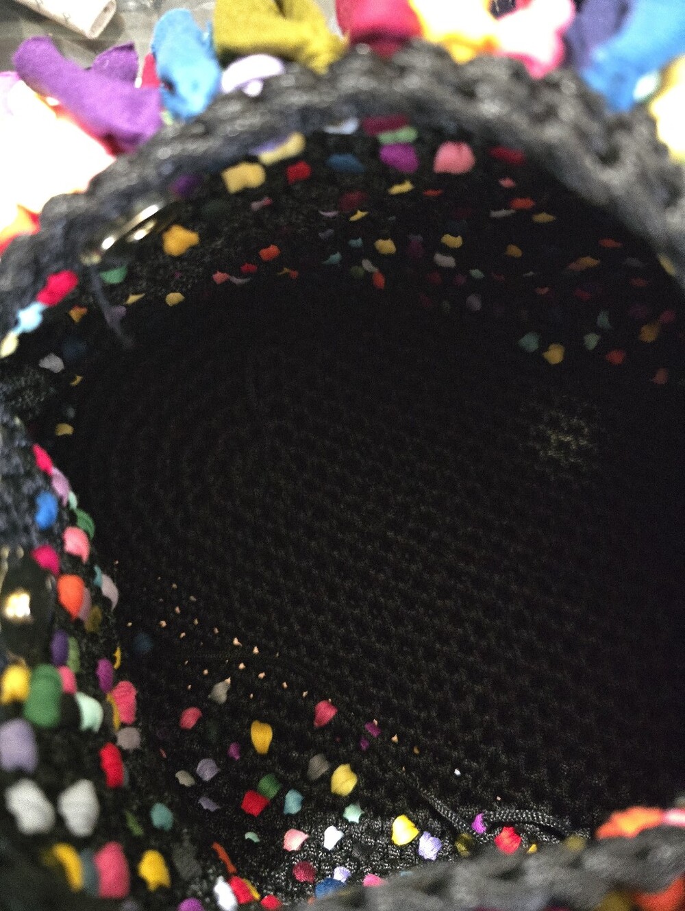 Hand Crafted Colorful Fringe Crochet Oversize Bag with Black Leather Handle - Picture 7 of 8
